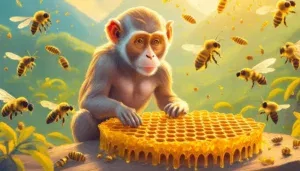 A playful monkey learns a valuable lesson about patience after a sticky encounter with a honeycomb and a swarm of bees.