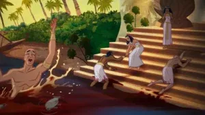 The Ten Plagues : The Nile River turned to blood, with dead fish floating on the surface.