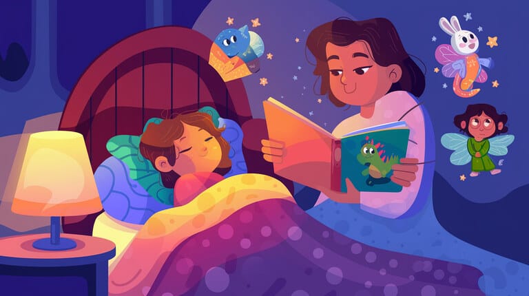 an illustration for a blog page titled "Bedtime Story for Kids." The scene should feature a cozy bedroom with a child snuggled up in bed, surrounded by soft, fluffy pillows and a colorful blanket. A gentle nightlight casts a warm glow in the room.